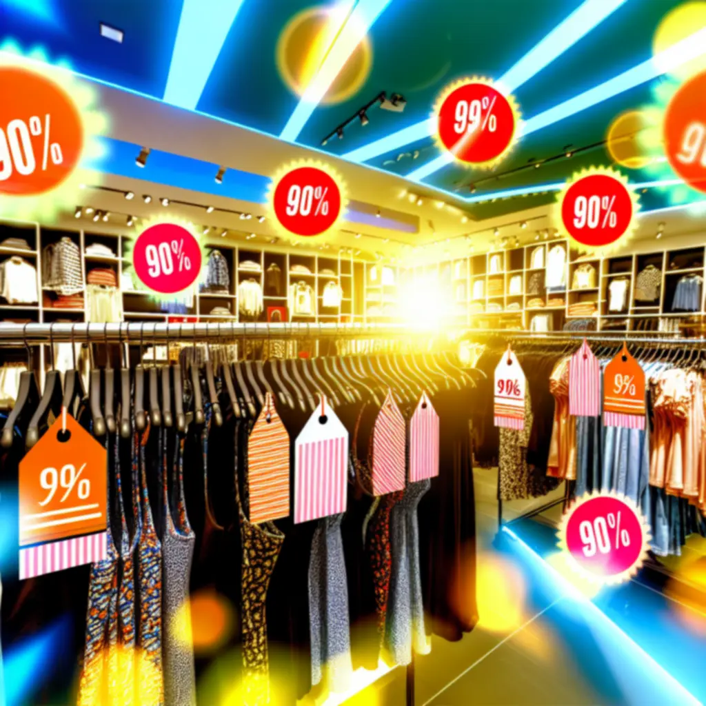 Wieszak z przecenioną odzieżą prezentujący różne style i kolory